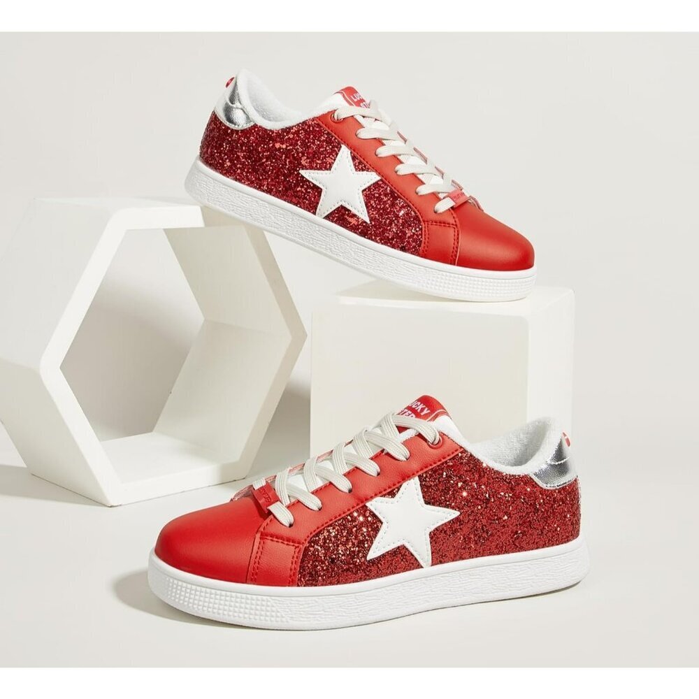 Women's Red Fashion Star Sneaker Lace Up Low Top Comfortable Cushioned Shoes - Picture 3 of 9